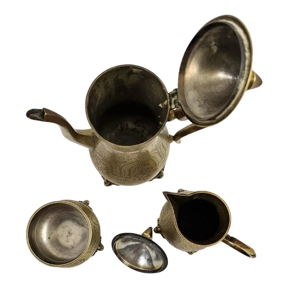 Vintage Tea Pot Set w/ Creamer Sugar Bowl Etched EPNS Gold Tone Glam Victorian
